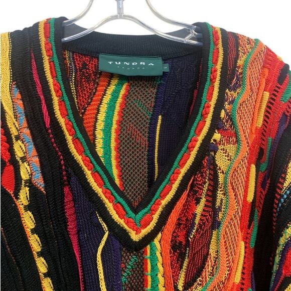 Vtg Tundra Canada Multi Color Sweater Men's Size L Biggie Hip Hop Coogi Style - Picture 3 of 16
